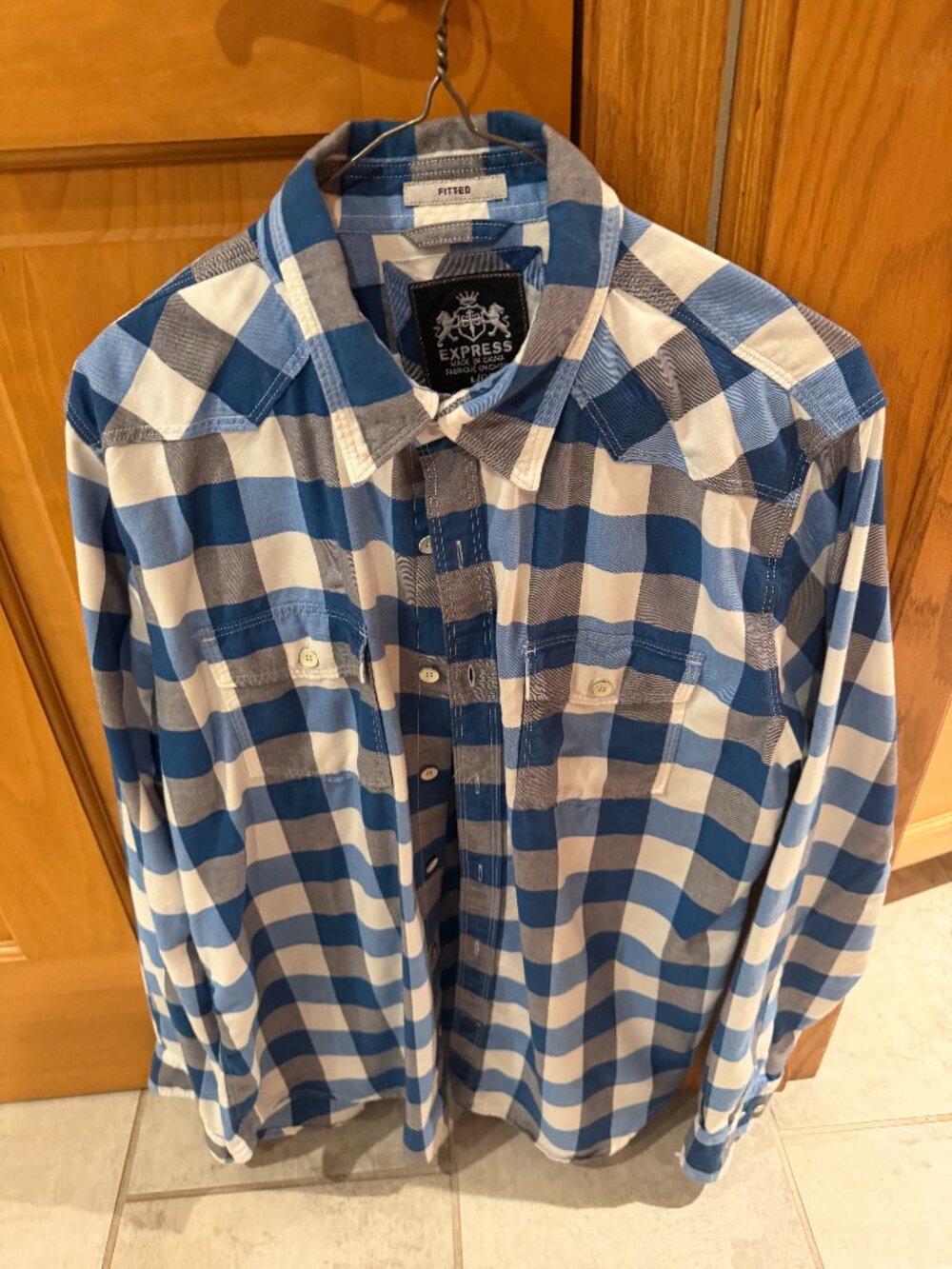 Express Blue White Gray Checkered Plaid Cotton Fitted Large Shirt